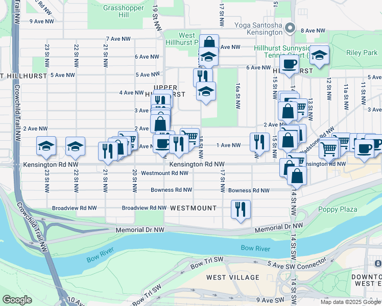 map of restaurants, bars, coffee shops, grocery stores, and more near in Calgary