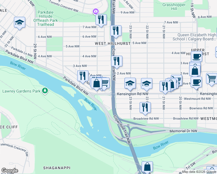 map of restaurants, bars, coffee shops, grocery stores, and more near 2527 Kensington Road Northwest in Calgary