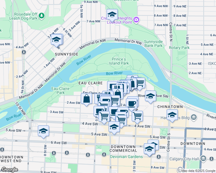 map of restaurants, bars, coffee shops, grocery stores, and more near 500 Eau Claire Avenue Southwest in Calgary