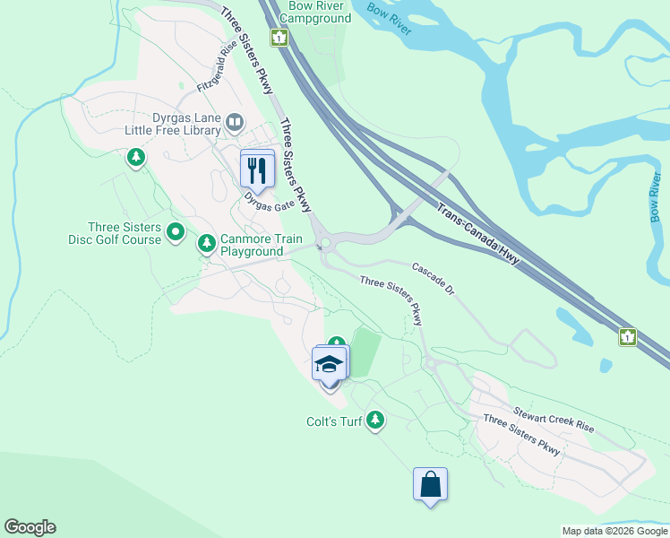 map of restaurants, bars, coffee shops, grocery stores, and more near Three Sisters Parkway in Canmore