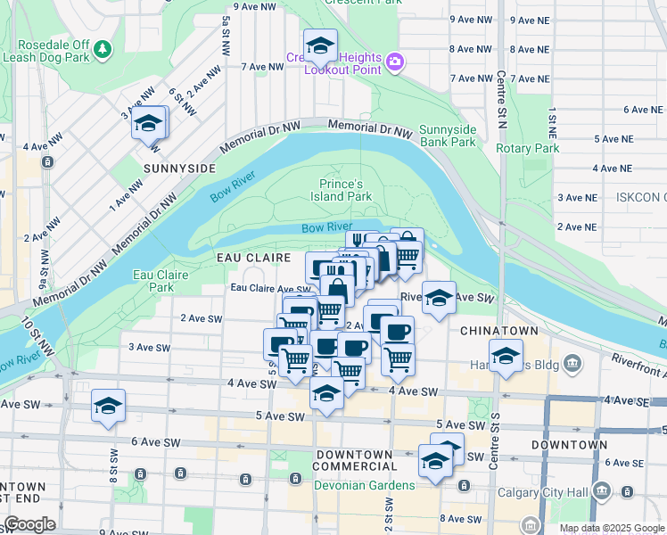 map of restaurants, bars, coffee shops, grocery stores, and more near 400 Eau Claire Avenue Southwest in Calgary