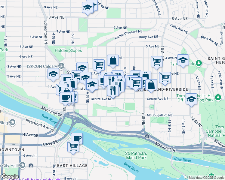 map of restaurants, bars, coffee shops, grocery stores, and more near 101 7A Street Northeast in Calgary