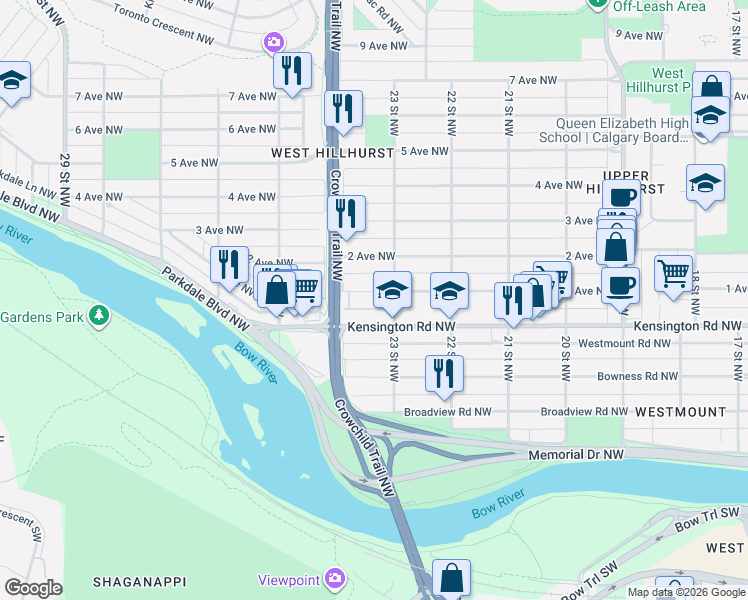 map of restaurants, bars, coffee shops, grocery stores, and more near in Calgary