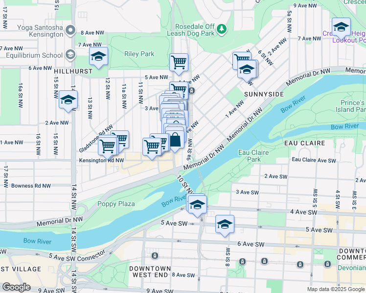 map of restaurants, bars, coffee shops, grocery stores, and more near 223 9A Street Northwest in Calgary
