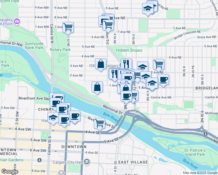 map of restaurants, bars, coffee shops, grocery stores, and more near in Calgary