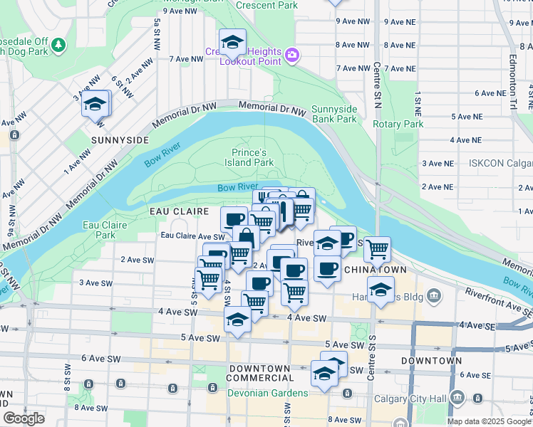 map of restaurants, bars, coffee shops, grocery stores, and more near 105 Barclay Parade Southwest in Calgary