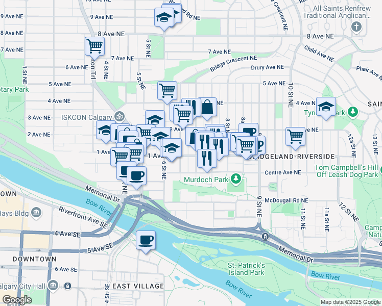 map of restaurants, bars, coffee shops, grocery stores, and more near in Calgary
