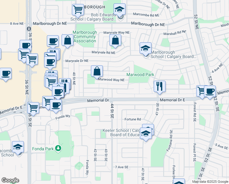 map of restaurants, bars, coffee shops, grocery stores, and more near 208 44 Street Northeast in Calgary