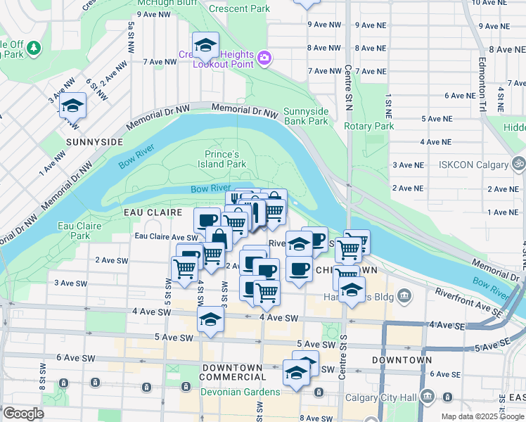 map of restaurants, bars, coffee shops, grocery stores, and more near 101 2 Street Southwest in Calgary