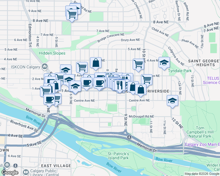 map of restaurants, bars, coffee shops, grocery stores, and more near 219 8A Street Northeast in Calgary