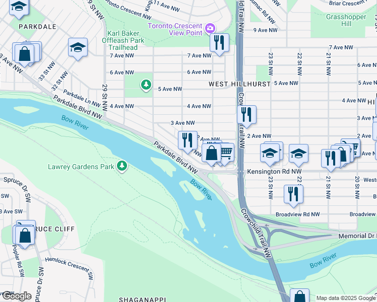 map of restaurants, bars, coffee shops, grocery stores, and more near 2703 1 Avenue Northwest in Calgary