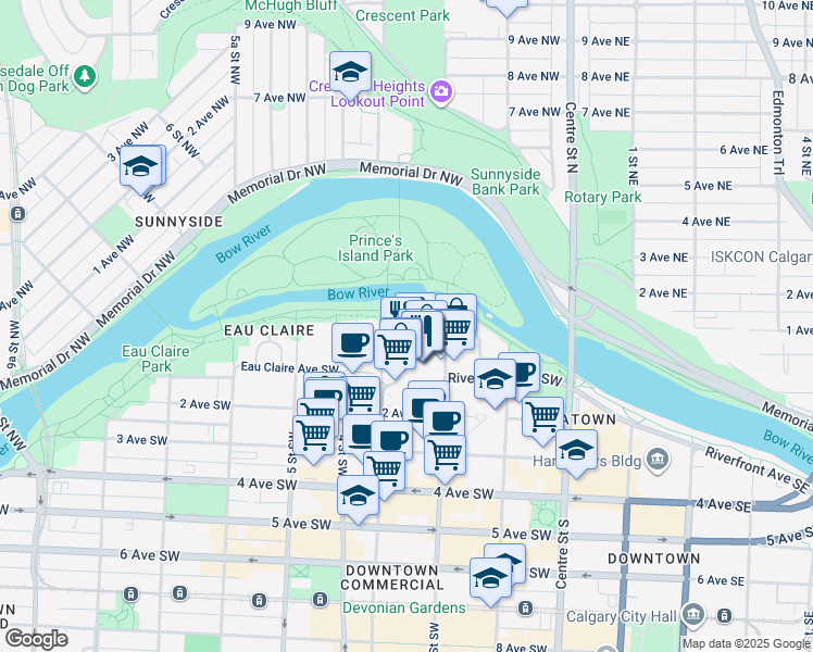 map of restaurants, bars, coffee shops, grocery stores, and more near 105 Barclay Parade Southwest in Calgary