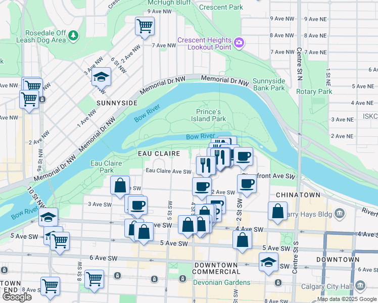 map of restaurants, bars, coffee shops, grocery stores, and more near in Calgary