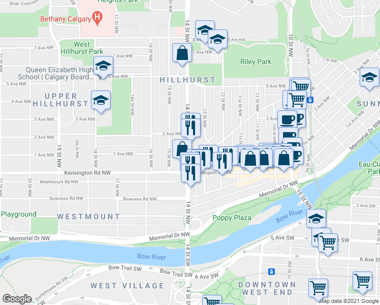 map of restaurants, bars, coffee shops, grocery stores, and more near in Calgary