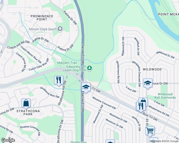 map of restaurants, bars, coffee shops, grocery stores, and more near 5427-5539 Edworthy Street Southwest in Calgary