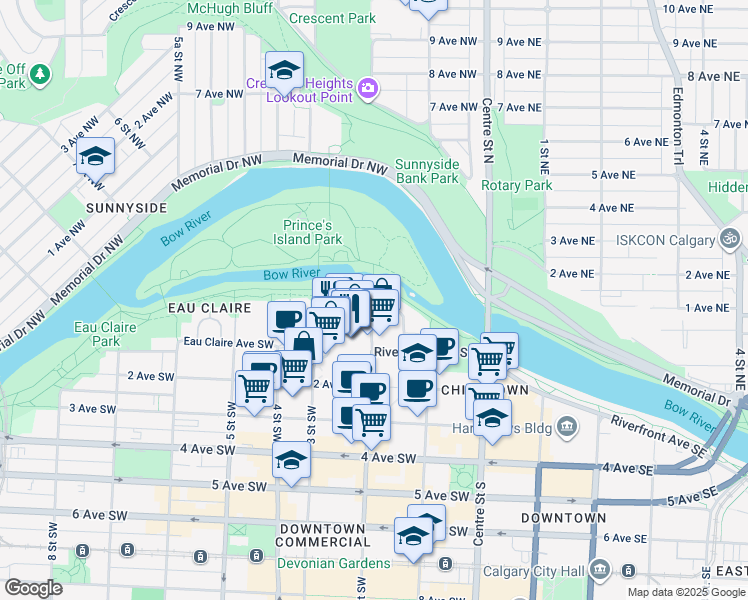 map of restaurants, bars, coffee shops, grocery stores, and more near 101 2 Street Southwest in Calgary