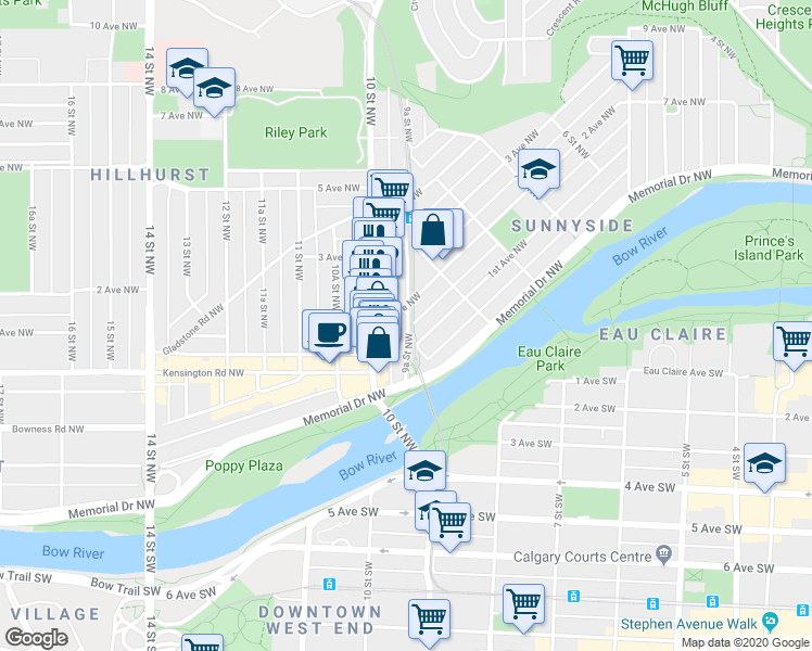 map of restaurants, bars, coffee shops, grocery stores, and more near in Calgary