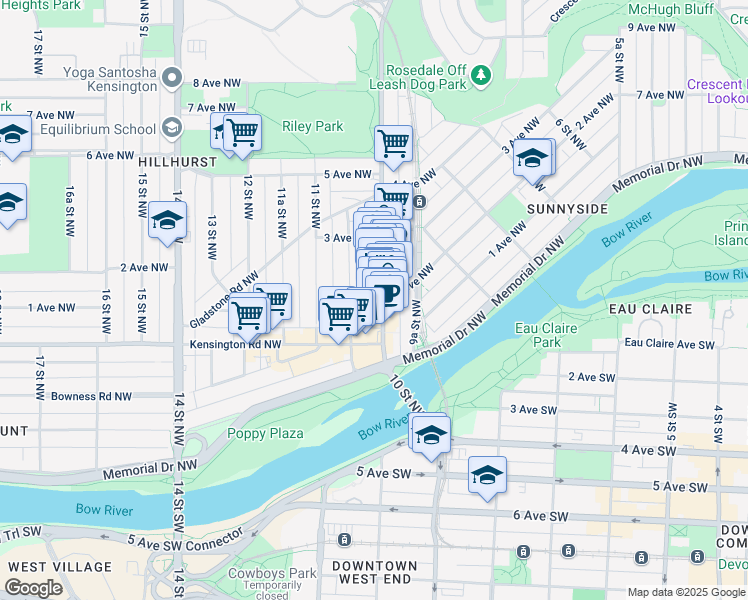 map of restaurants, bars, coffee shops, grocery stores, and more near 303 10A Street Northwest in Calgary