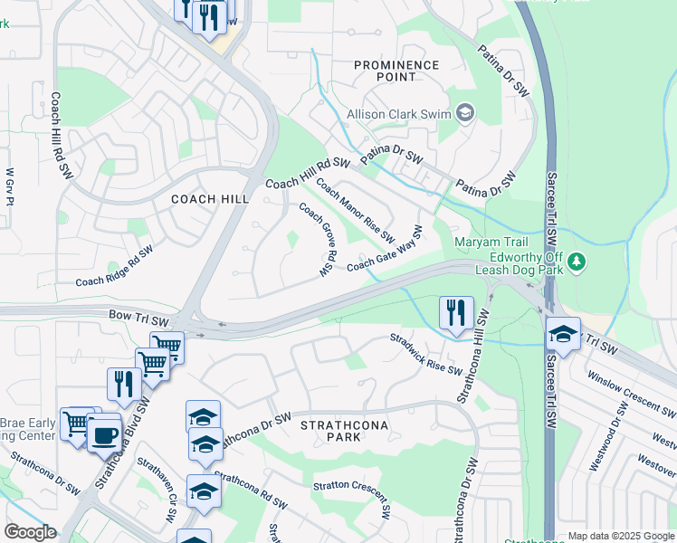map of restaurants, bars, coffee shops, grocery stores, and more near 560 Coach Grove Road Southwest in Calgary