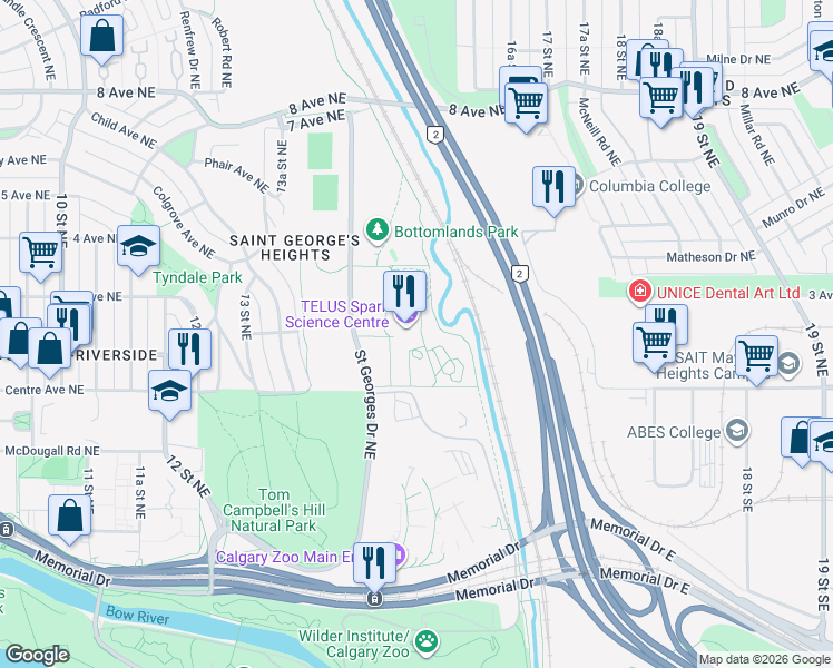 map of restaurants, bars, coffee shops, grocery stores, and more near 220 St Georges Dr NE in Calgary