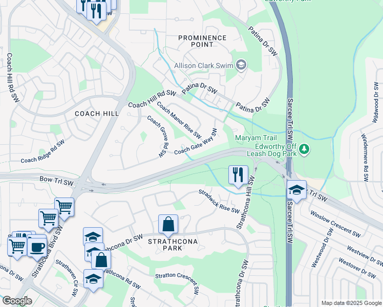 map of restaurants, bars, coffee shops, grocery stores, and more near 35 Coach Gate Way Southwest in Calgary
