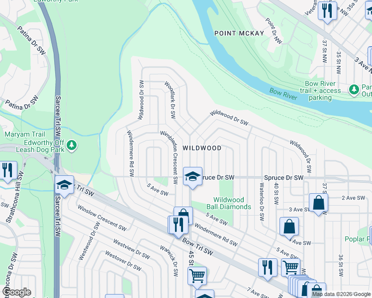 map of restaurants, bars, coffee shops, grocery stores, and more near in Calgary