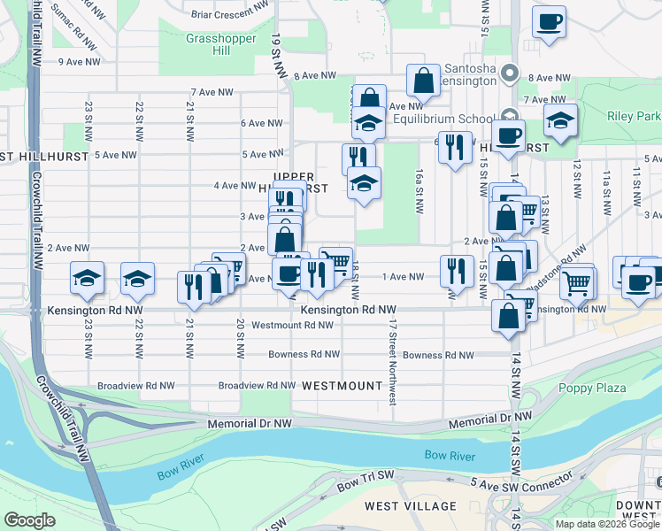 map of restaurants, bars, coffee shops, grocery stores, and more near 212 18A Street Northwest in Calgary