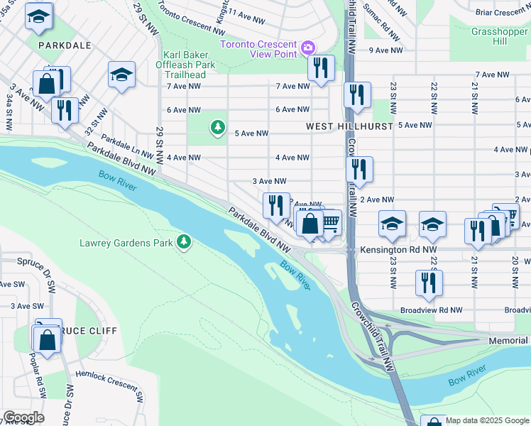 map of restaurants, bars, coffee shops, grocery stores, and more near 2703 1 Avenue Northwest in Calgary