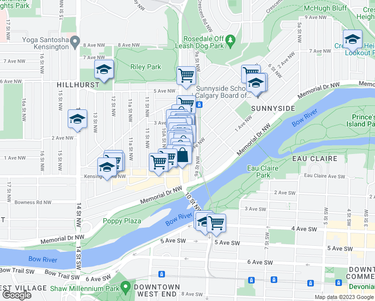 map of restaurants, bars, coffee shops, grocery stores, and more near 273 10 Street Northwest in Calgary