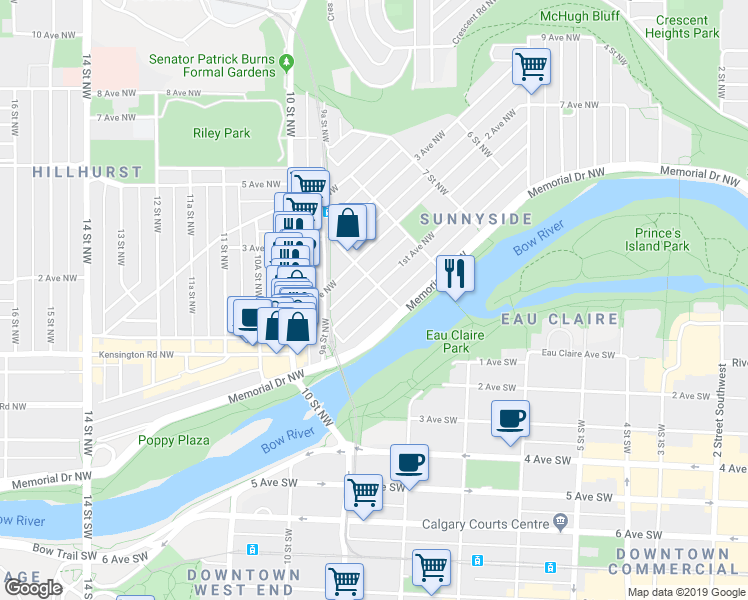 map of restaurants, bars, coffee shops, grocery stores, and more near 1007 1st Avenue Northwest in Calgary
