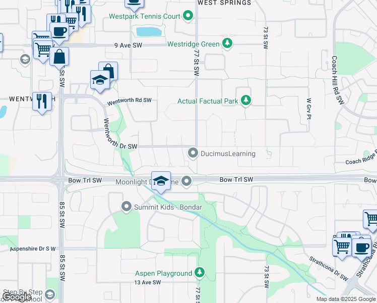 map of restaurants, bars, coffee shops, grocery stores, and more near 7815 Wentworth Drive Southwest in Calgary