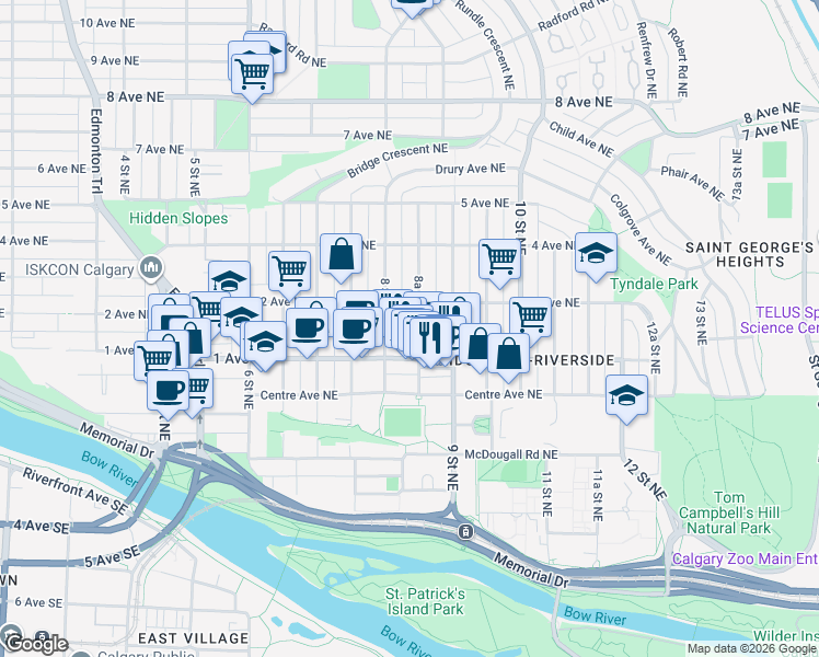 map of restaurants, bars, coffee shops, grocery stores, and more near 219 8A Street Northeast in Calgary