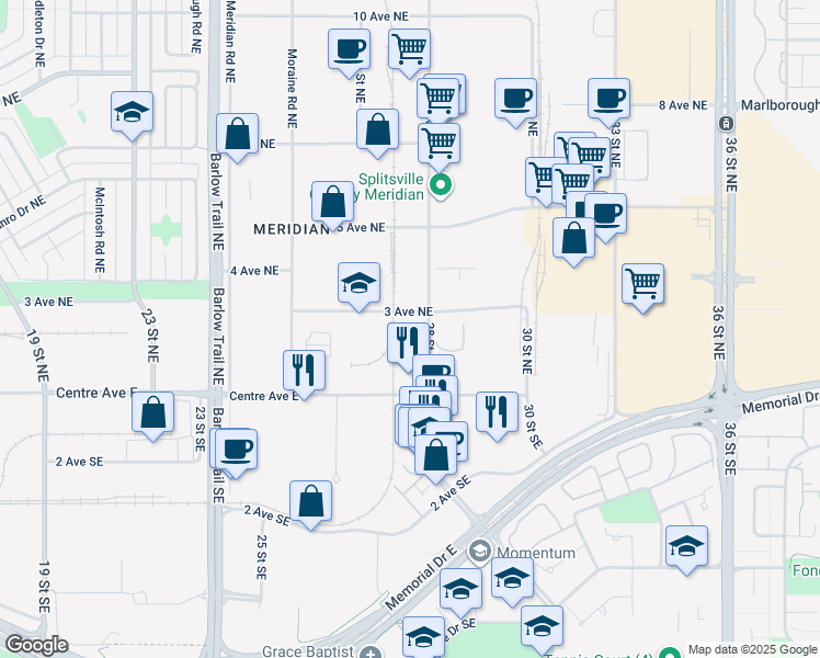 map of restaurants, bars, coffee shops, grocery stores, and more near 2821 3 Avenue Northeast in Calgary