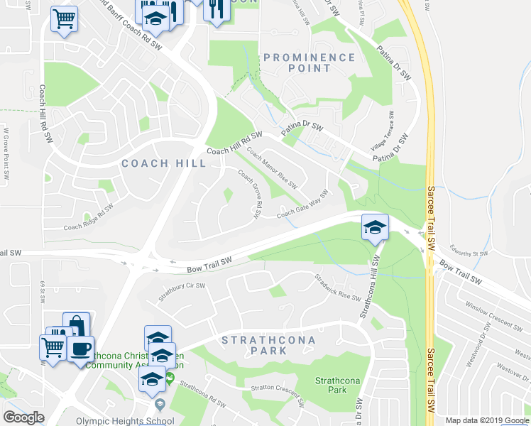 map of restaurants, bars, coffee shops, grocery stores, and more near 560 Coach Grove Road Southwest in Calgary