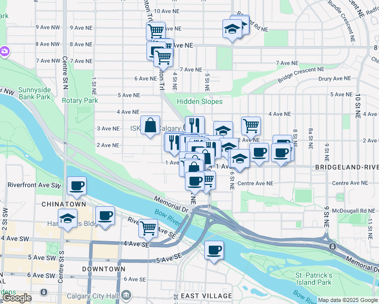 map of restaurants, bars, coffee shops, grocery stores, and more near 207 4 Street Northeast in Calgary