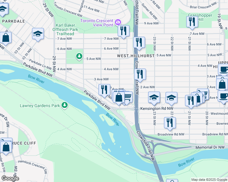 map of restaurants, bars, coffee shops, grocery stores, and more near 2611 2 Avenue Northwest in Calgary