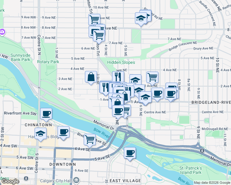 map of restaurants, bars, coffee shops, grocery stores, and more near 207 4 Street Northeast in Calgary