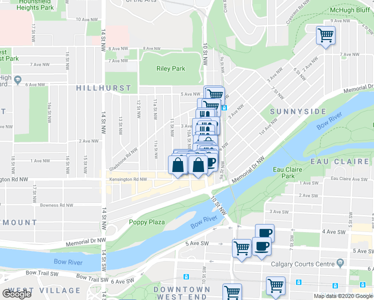 map of restaurants, bars, coffee shops, grocery stores, and more near 303 10A Street Northwest in Calgary