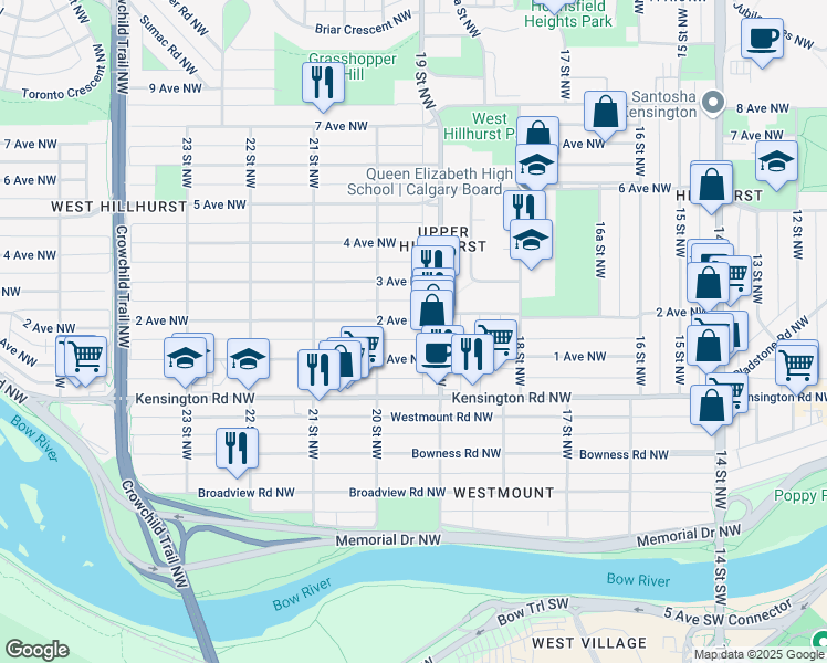 map of restaurants, bars, coffee shops, grocery stores, and more near 2015 2 Avenue Northwest in Calgary