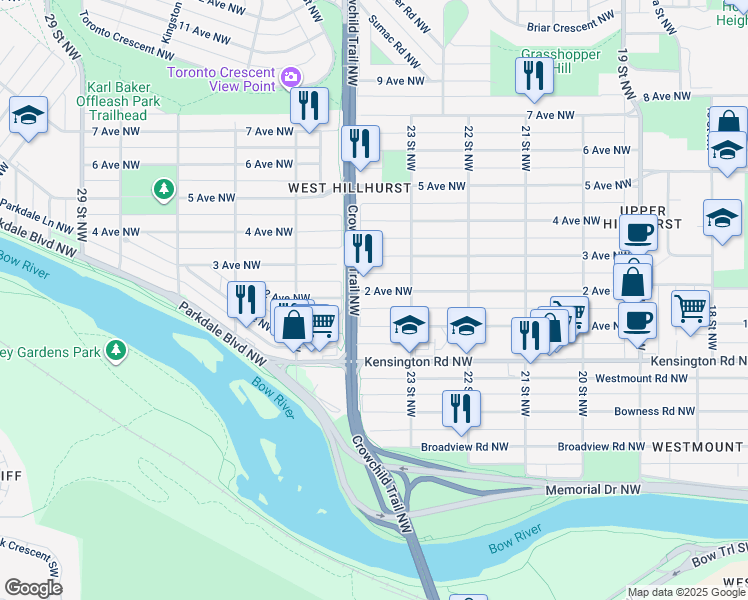 map of restaurants, bars, coffee shops, grocery stores, and more near 2429 2 Avenue Northwest in Calgary