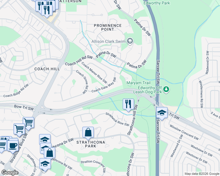 map of restaurants, bars, coffee shops, grocery stores, and more near 55 Coach Gate Way Southwest in Calgary