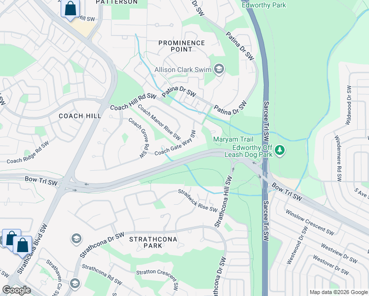 map of restaurants, bars, coffee shops, grocery stores, and more near 55 Coach Gate Way Southwest in Calgary