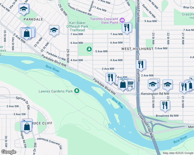 map of restaurants, bars, coffee shops, grocery stores, and more near 2732 Parkdale Boulevard Northwest in Calgary