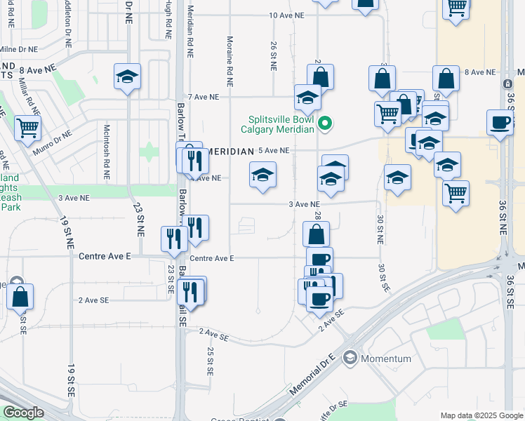 map of restaurants, bars, coffee shops, grocery stores, and more near 2712 3 Avenue Northeast in Calgary