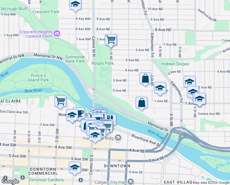 map of restaurants, bars, coffee shops, grocery stores, and more near 207 2 Avenue Northeast in Calgary
