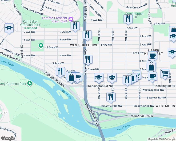 map of restaurants, bars, coffee shops, grocery stores, and more near 2429 2 Avenue Northwest in Calgary