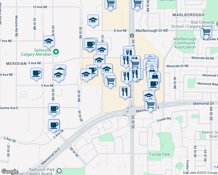 map of restaurants, bars, coffee shops, grocery stores, and more near 401 33 Street Northeast in Calgary