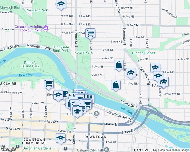 map of restaurants, bars, coffee shops, grocery stores, and more near 207 2 Avenue Northeast in Calgary