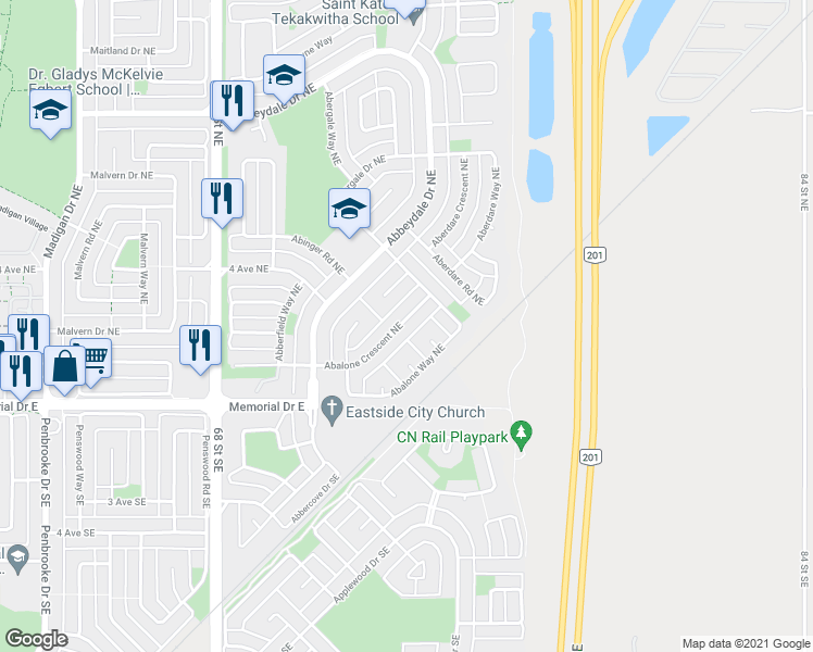 map of restaurants, bars, coffee shops, grocery stores, and more near 70 Abalone Crescent Northeast in Calgary