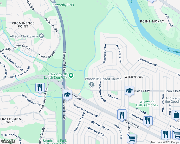map of restaurants, bars, coffee shops, grocery stores, and more near 435 Wildwood Drive Southwest in Calgary